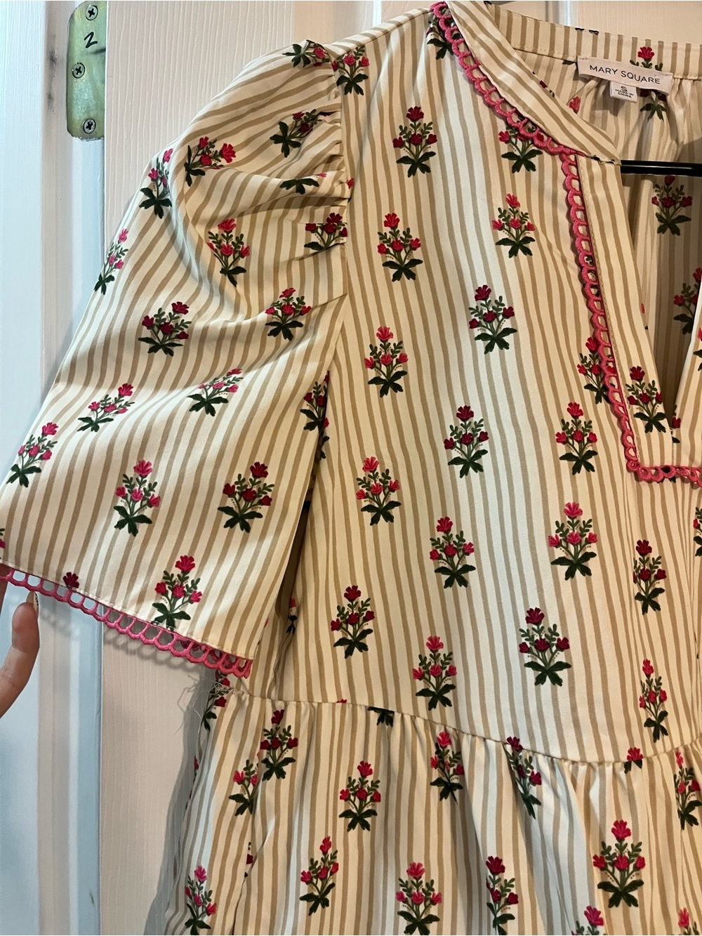 Mary Square Cream Floral Stripe Tiered Dress with Pink Trim - Picture 3 of 4